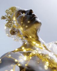 Obraz premium This stunning image features a humanoid figure illuminated by golden neural pathways, depicting a fusion of human consciousness and abstract creativity. It captures a sense of enlightenment.