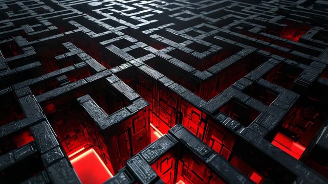 Dark maze structure with glowing red interior pathways forming complex geometric labyrinth pattern