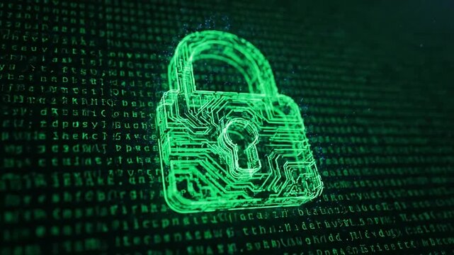 Digital security and data protection concepts represented by a glowing padlock icon on a binary code background