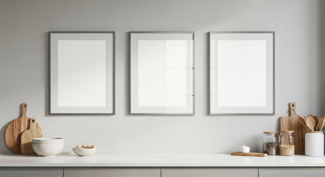 Three Blank Picture Frames Hanging Above a Kitchen Countertop Display.