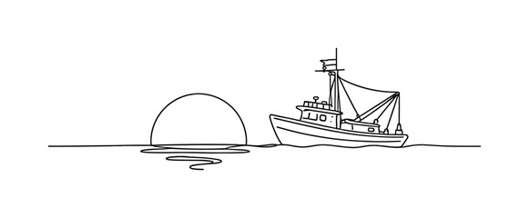 "Fishing Boat at Sunset". Minimalistic one-line drawing fishing boat silhouette with low sun touching horizon