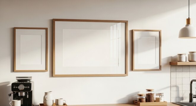 Three blank wooden frames on a white wall in a modern kitchen.