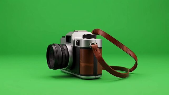 Vintage camera on green background with leather strap