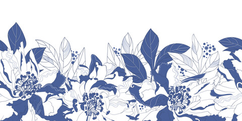 Seamless vector pattern with elegant peony flowers and leaves on white background. Decorative floral illustration in blue tones. Repeating botanical design for fabric, wallpaper, wrapping paper