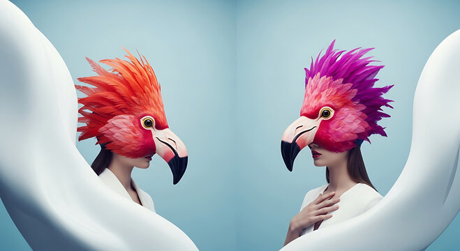 Tres personas con m&aacute;scaras de p&aacute;jaro ex&oacute;tico y plumas rosas