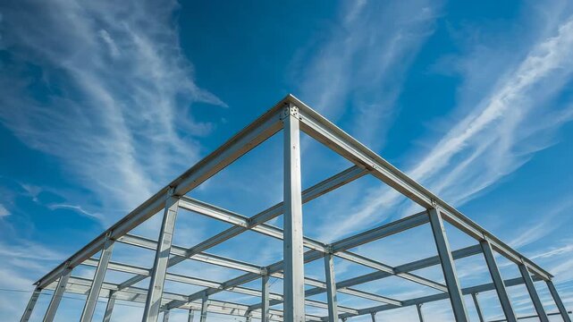 Steel building frame structure under construction against blue sky with wispy clouds and open perspective