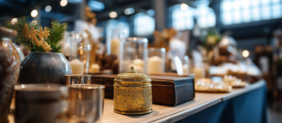 Ornaments and decorative items on counter at flea market vintage collectibles antique accessories secondhand goods market display natural lighting defocused market stall