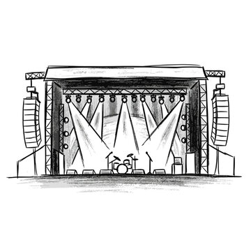 Illustrated empty concert stage with spotlights, drum kit and speaker towers ready for show