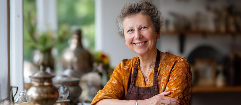 Portrait of happy faceless woman with antique collection collector vintage enthusiast curated treasures personal collection natural lighting defocused antique items