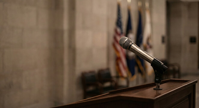 Empty microphone at a press podium in a government-style hallway 