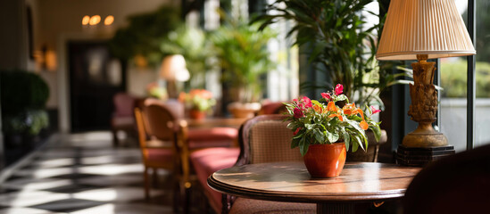 Obraz premium Vintage inspired sunroom adorned with antique furniture and vibrant potted plants sunlight streaming through expansive windows warm inviting atmosphere classic interior