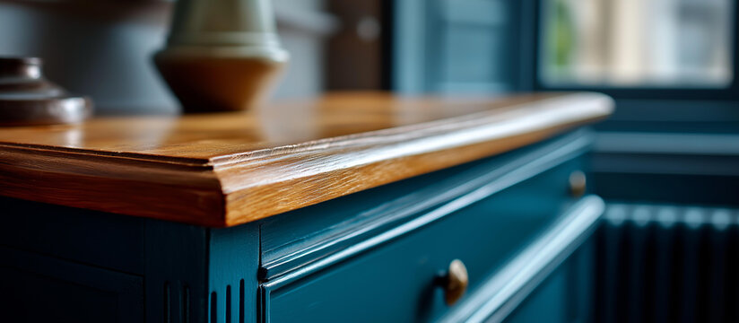 Beautiful hand painted deep blue dresser with finished wooden joinery top restored furniture refinished piece custom painted artisan work natural lighting simple background