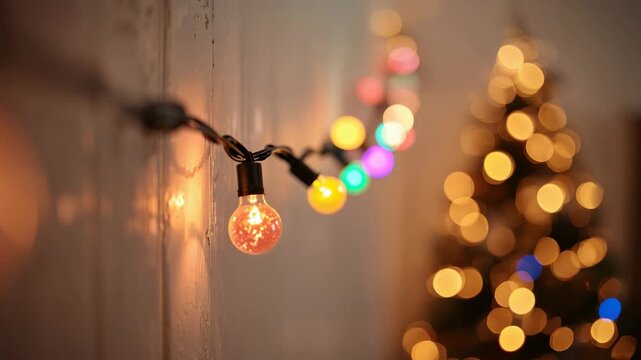 Decorative string lights glowing indoors with blurred festive tree lights creating warm seasonal atmosphere