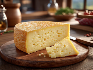 Cheese wheel slice resting on a rustic wooden board