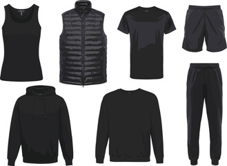 Black mens clothing vector set, hooded sweatshirt, tshirt, puffer vest, and jogger pants for fashion design © Moksedul