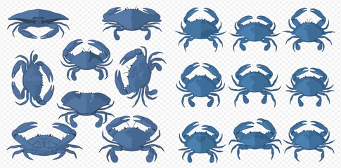 Collection of blue crab illustrations in various poses and styles, perfect for seafood and marine life designs. © MuammarAuliyan