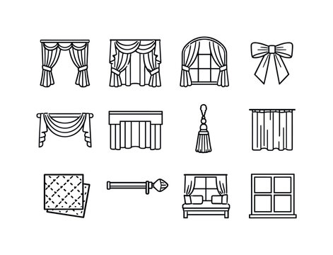 Interior Drapery Decor. Line outline icon set of Interior Drapery Decor: elegant curtains, layered drapes,