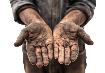 Two dirty mud-covered worker hands held out with palms cupped upward