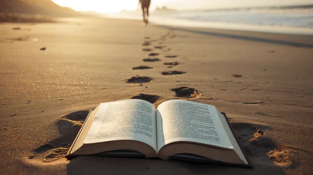 Open book resting on sandy beach with footprints leading toward distant walking figure at sunrise