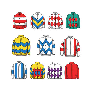 Collection of colorful jockey silks with various patterns and designs
