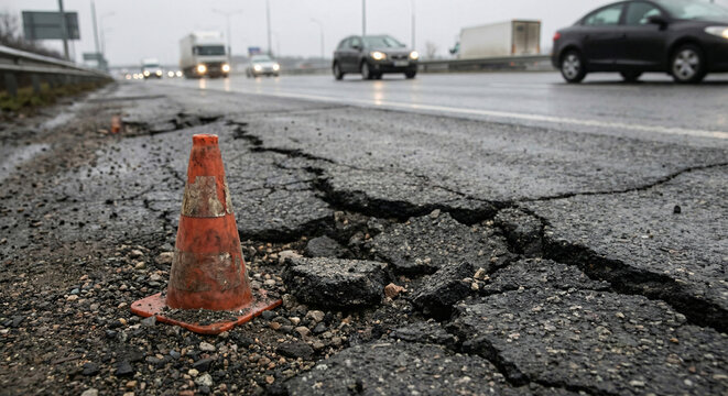 Close-up of a cracked road surface with a small orange cone 