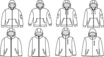 Collection of Men Performance Outerwear Vector Technical Sketches Featuring Zip Up Hoodies Fleece Jackets and Parkas for Fashion Apparel Design © MdRobiul