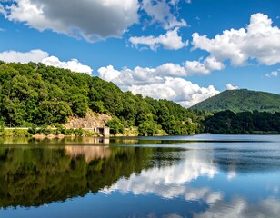 Fototapeta premium A serene lake surrounded by lush green mountains and trees under a blue sky with white clouds