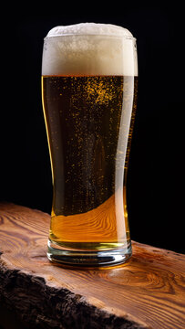 Close-Up of Pint Glass of Golden Lager Beer on Wooden Bar Against Black Background