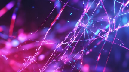 Fototapeta premium Abstract glowing neon spider web with vibrant pink and blue light, digital art background with fractured lines and bokeh
