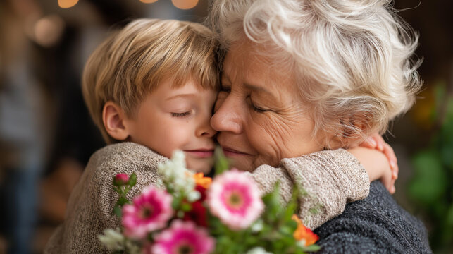 Funeral concept crying family and child hugging grandmother for support, mourning depression and death at emotional burial event, grief consolation moment, defocused background, wi