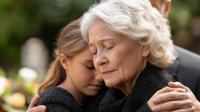Funeral concept crying family and child hugging grandmother for support, mourning depression and death at emotional burial event, grief consolation moment, defocused background, wi