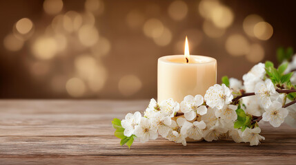 Naklejka premium Candlelight and blossoms with bokeh background, funeral memorial or sympathy card, tribute illumination display, condolence floral arrangement, defocused soft lighting, with copy s