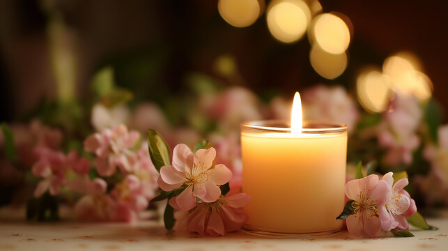 Candlelight and blossoms with bokeh background, funeral memorial or sympathy card, tribute illumination display, condolence floral arrangement, defocused soft lighting, with copy s