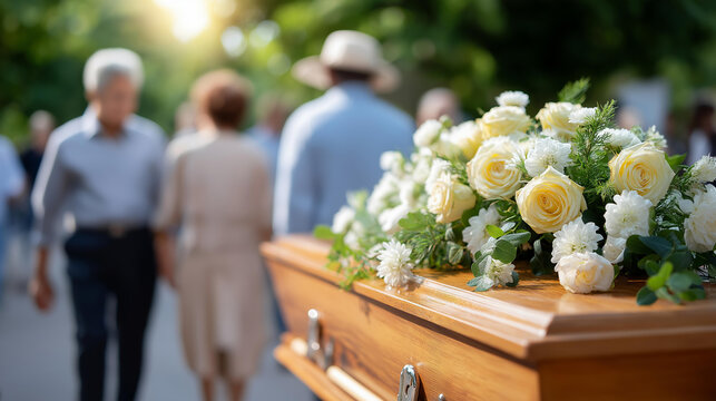 Wooden casket adorned with flowers as people walk away during sunny funeral, burial ceremony departure, mourning procession moment, memorial service scene, faceless attendees, defo
