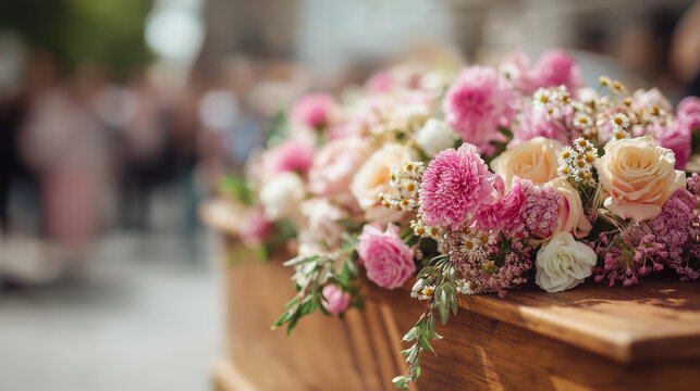 Wooden casket adorned with flowers as people walk away during sunny funeral, burial ceremony departure, mourning procession moment, memorial service scene, faceless attendees, defo