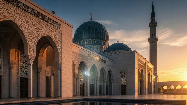 Grand Mosque Architecture with Blue Domes and Minaret at Sunset with Reflecting Pool