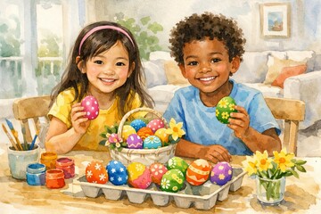 Fototapeta premium Watercolor painting of happy children decorating easter eggs in bright home setting. concept of festive holiday activity, creative art, celebration