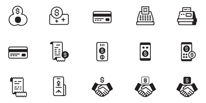Financial operations outline icons featuring cash registers mobile billing and credit card symbols