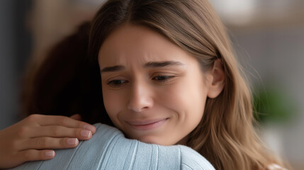 Fototapeta premium Young woman crying and hugging her friend, finding comfort and support in moment of sadness, emotional consolation embrace, grief assistance scene, defocused background, with copy