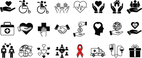 Charity and Healthcare Solid Icon Set with Donation, Support and Medical Symbols