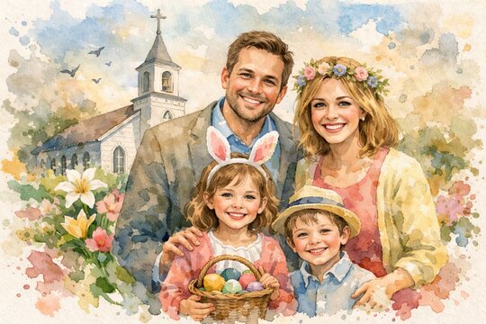 Watercolor family portrait celebrating easter joyfully holding a basket of colorful eggs in front of a church. concept of holiday celebration, family bonding, spring festivity