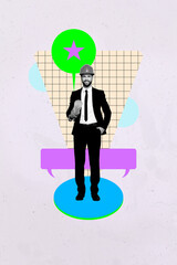 3d pop zine image photo art collage of happy businesswoman businessman stand bubble communication star best mark achievement
