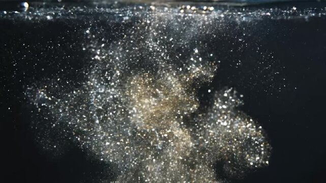 Water splash occurs as object drops into dark liquid at nighttime creating impressive bubbles and waves