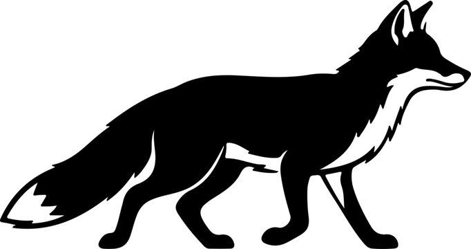 Silhouette of a fox walking with its tail raised and pointed ears