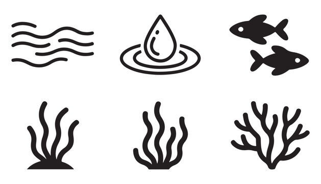 Set of simple black icons representing ocean life and water elements on white background