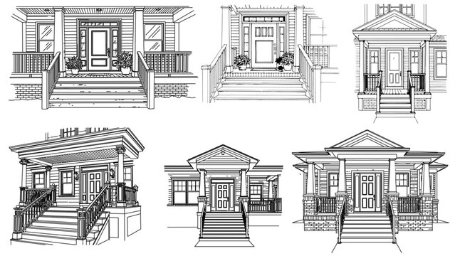Classic residential architecture design showcasing detailed house entrance staircase and front view structure for real estate elevation blueprint inspiration.