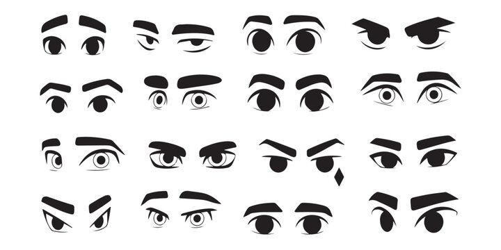 Collection of stylized human eyes with various angry and serious eyebrow expressions