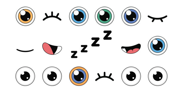 Cute cartoon eyes and mouths with eyelashes and sleep Zzz symbols facial expressions elements