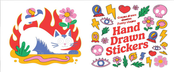 Funky Hipster Rock Roll Stickers  Playful Naive Illustrations