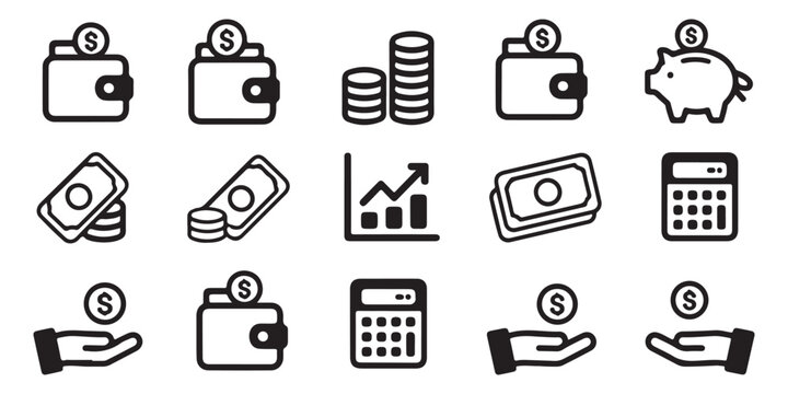 Collection of finance and money icons including wallet coins cash graph ATM credit card calculator